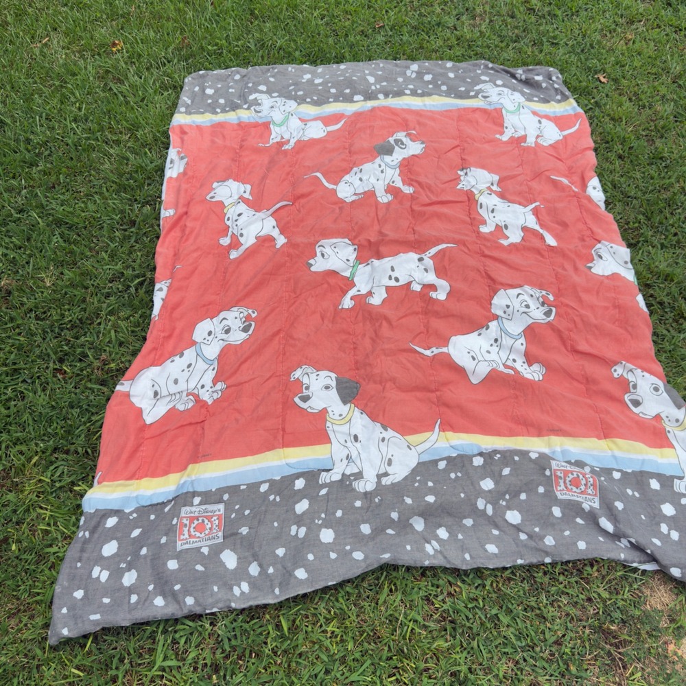 Vintage 90s Walt Disney 101 Dalmatians Blanket Quilt Red Puppy Comforter 84x58